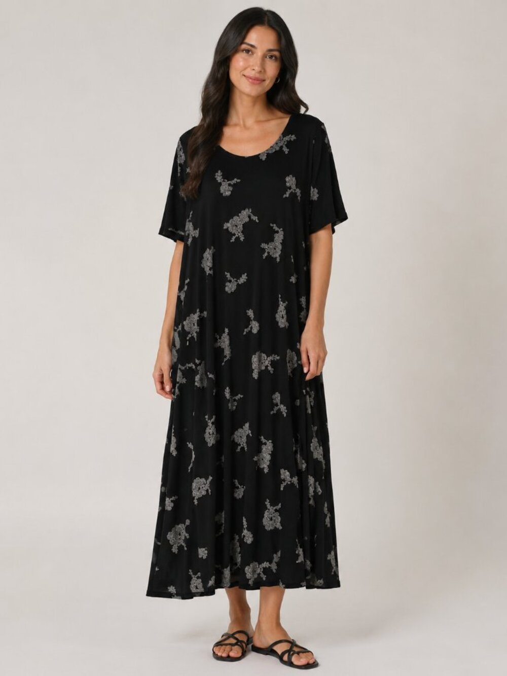 Black Gray Floral Short Sleeve Maxi Dress Relaxed Flowy Boho Modest Long Dress